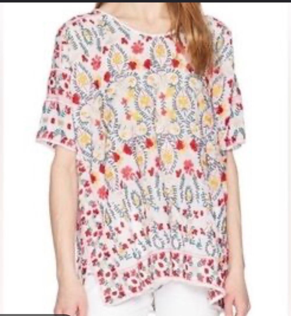 Johnny Was oversized Short Sleeve all over embroidered floral top Size XS